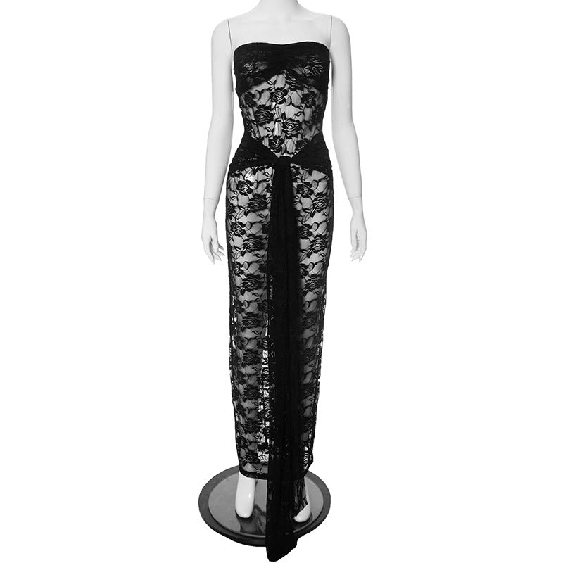 Black Lace Sheer Transparent Sleeveless Backless Formal Maxi Dress