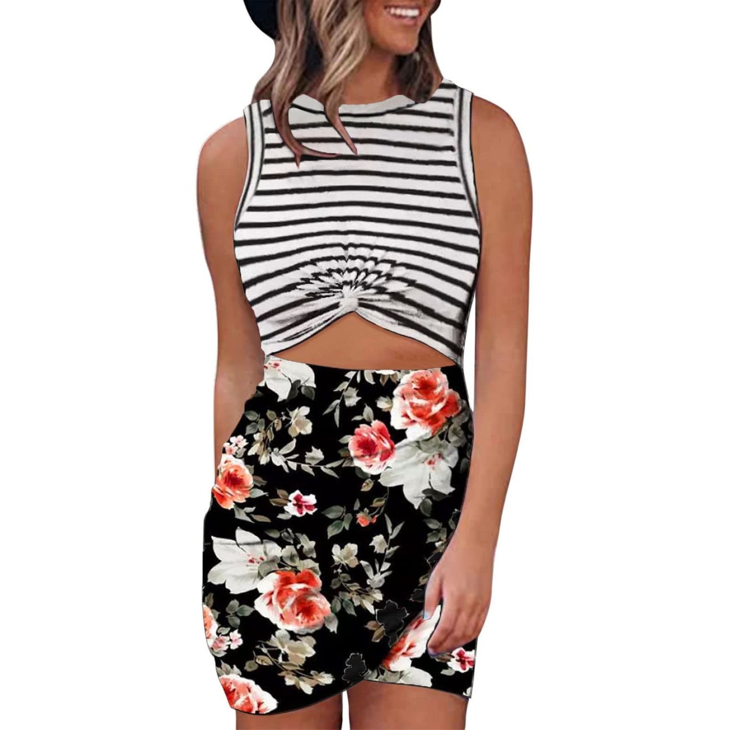 Ruched Tie-Dye/Leopard/Flower/Gradient Colorblock/Tropical Round Neck Hollow-Out Pullover Sleeveless Dress