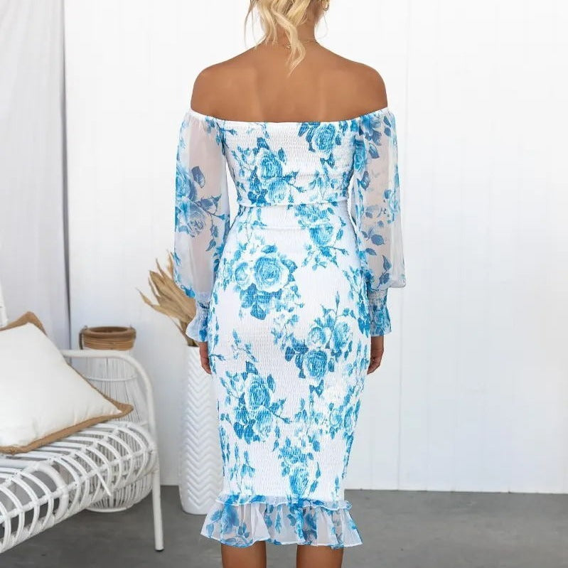 Flower Print Ruched Long Sleeve Off-the-Shoulder Flared Hem Midi Dress