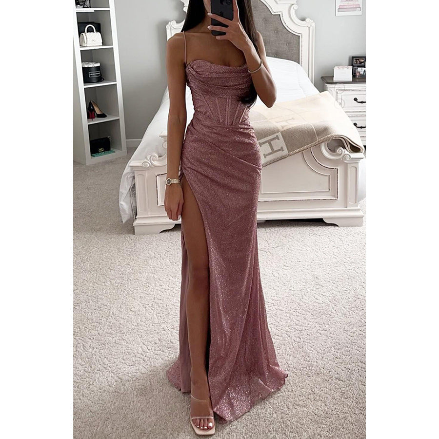 Sleeveless Sparkling Glitter Spaghetti Strap Design Evening Party/Prom Formal Dress