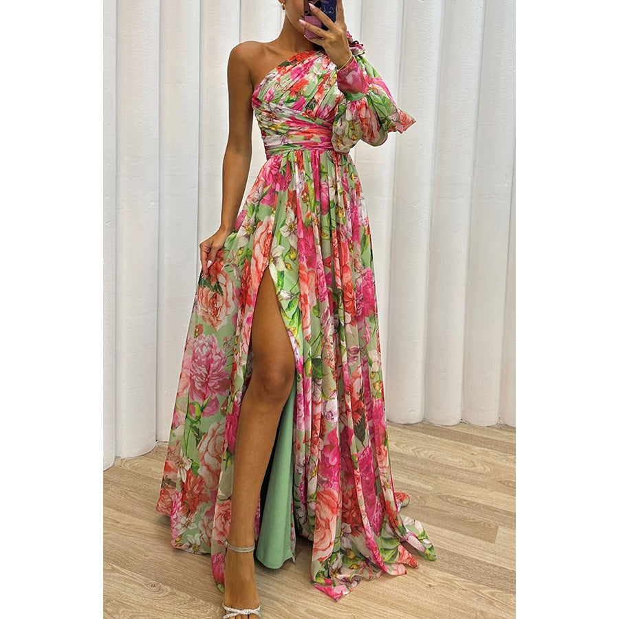 Floral Print Pleated Asymmetrical High Slit One Shoulder Long Sleeve Maxi Dress