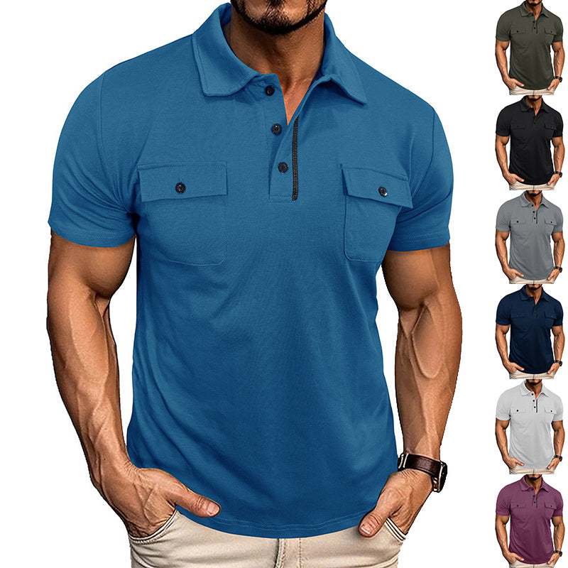 Men's Double Pocket Solid Color Button-Up Turn-Down Collar Polo Shirts