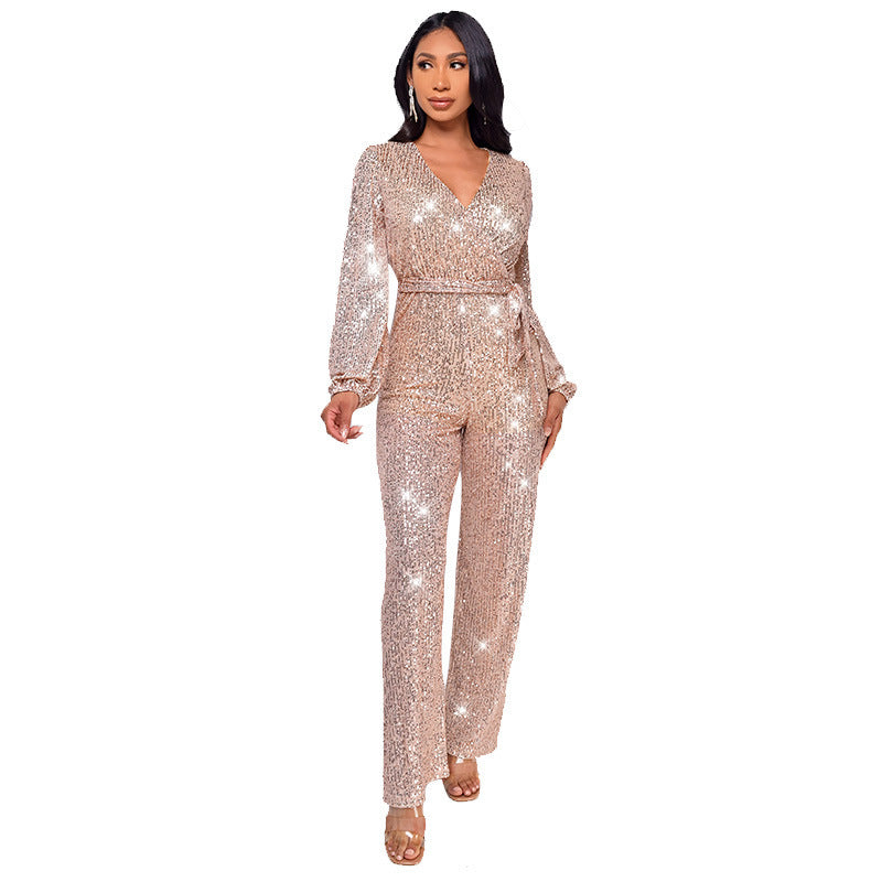 Sparkling Sequin Sash Belt Design V-Neck Long Sleeve High Waist Women's Formal Wide Leg Jumpsuit to 3X Plus Size