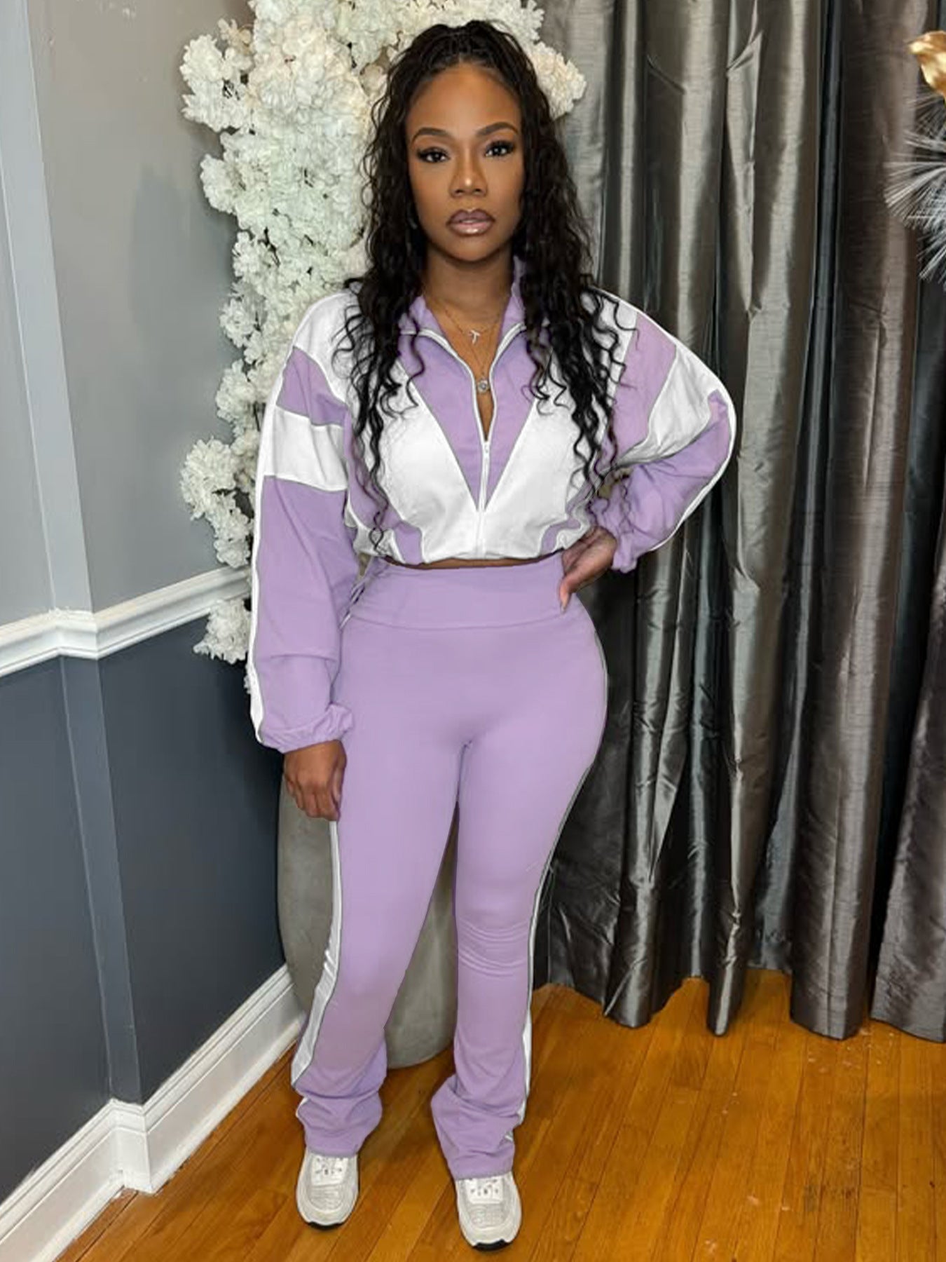 Colorblock Striped Women's Fitness Zipper Jacket+ Solid Sweatpants Tracksuit