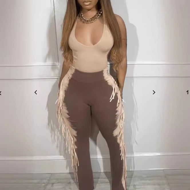 Side Tassel Fringe Design Sleeveless Women's V-Neck Skinny Jumpsuit
