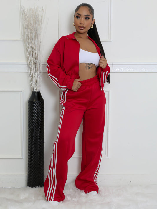 Side Striped Women's Sweat Jacket + Wide Leg Sweatpants Tracksuit