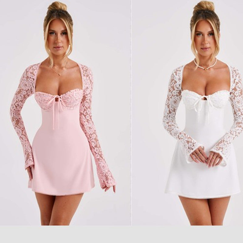 Lace Corset Bowknot Criss-Cross Back Design  Long Sleeve Mini Dress
