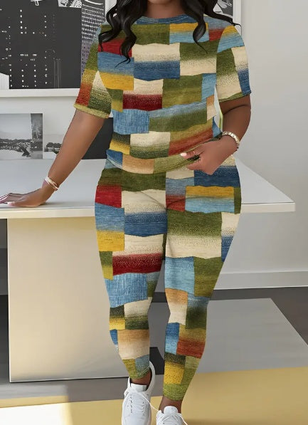 Colorblock Multi-Colored Women's O-Neck Short Sleeve T-Shirt + Leggings 2-Piece Set