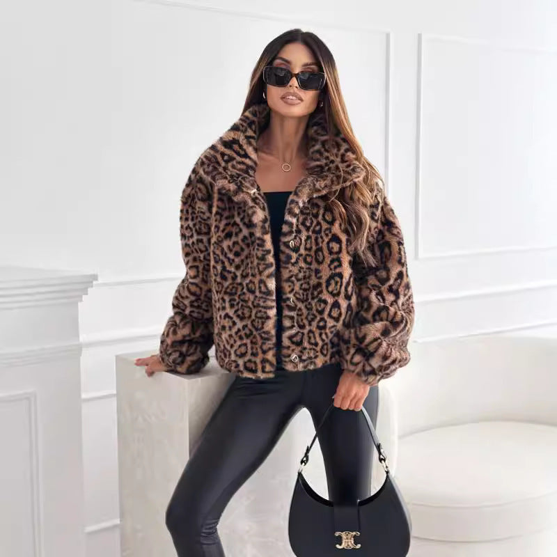 Leopard Fleece Turn-Down Collar Women's Jacket