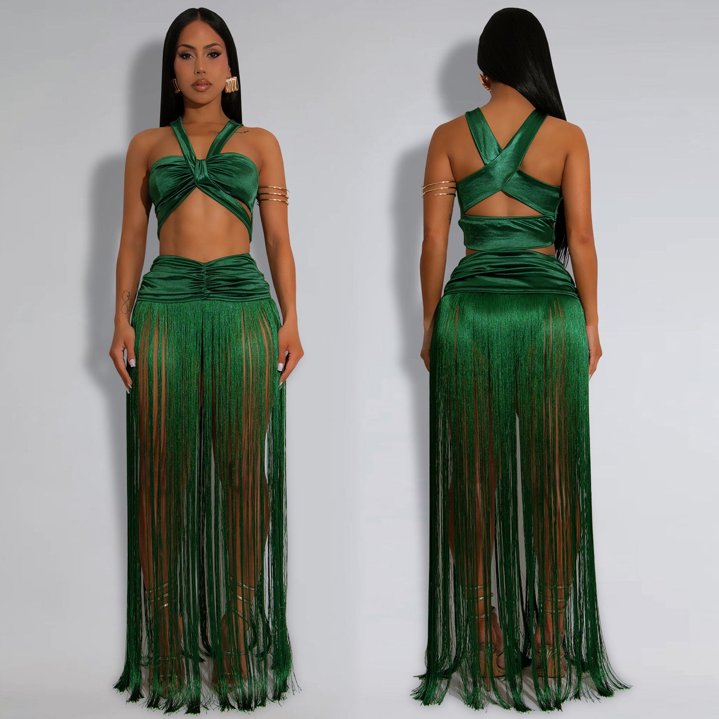 Sleeveless Criss-Cross Back Crop Top + Tassel Fringe Maxi Skirt Women's 2-Piece Set