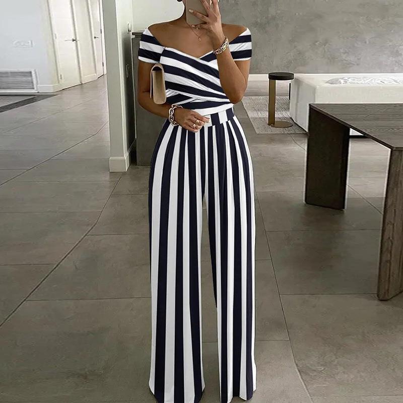 Striped/Floral Print Women's Off-the-Shoulder Temperament Casual High Waist Jumpsuit to 3X Plus Size