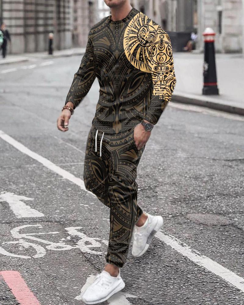 Men's Jack of Diamonds/Geometric/Aztec Print O-Neck Long Sleeve Pullover Sweatshirt + Jogger Sweatpants Tracksuit