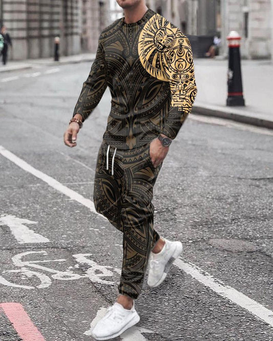 Men's Jack of Diamonds/Geometric/Aztec Print O-Neck Long Sleeve Pullover Sweatshirt + Jogger Sweatpants Tracksuit