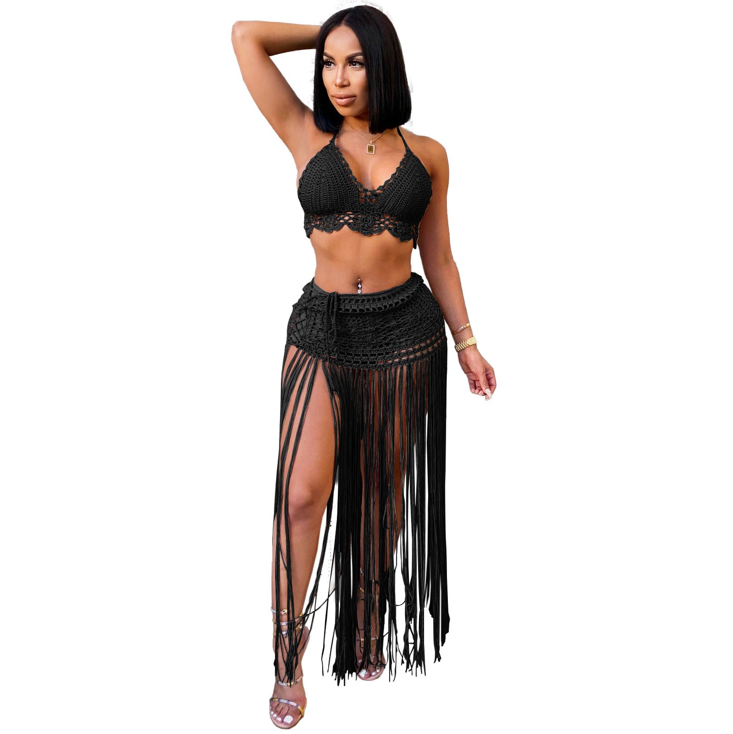 Crochet Bikini Top + Hanging Tassel Maxi Skirt 2-Piece Swimsuit Cover-Up Set