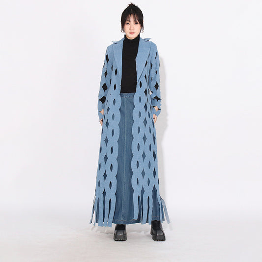 Denim Streetwear Hollow-out Twisted Tassel Fringe Detail Women's Jean Trenchcoat