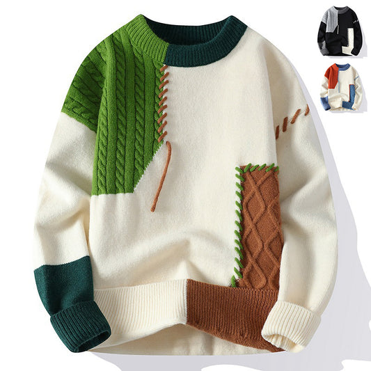 Men's Colorblock Stitch Pattern Oversized Hip-Hop Pullover Long Sleeve Sweater