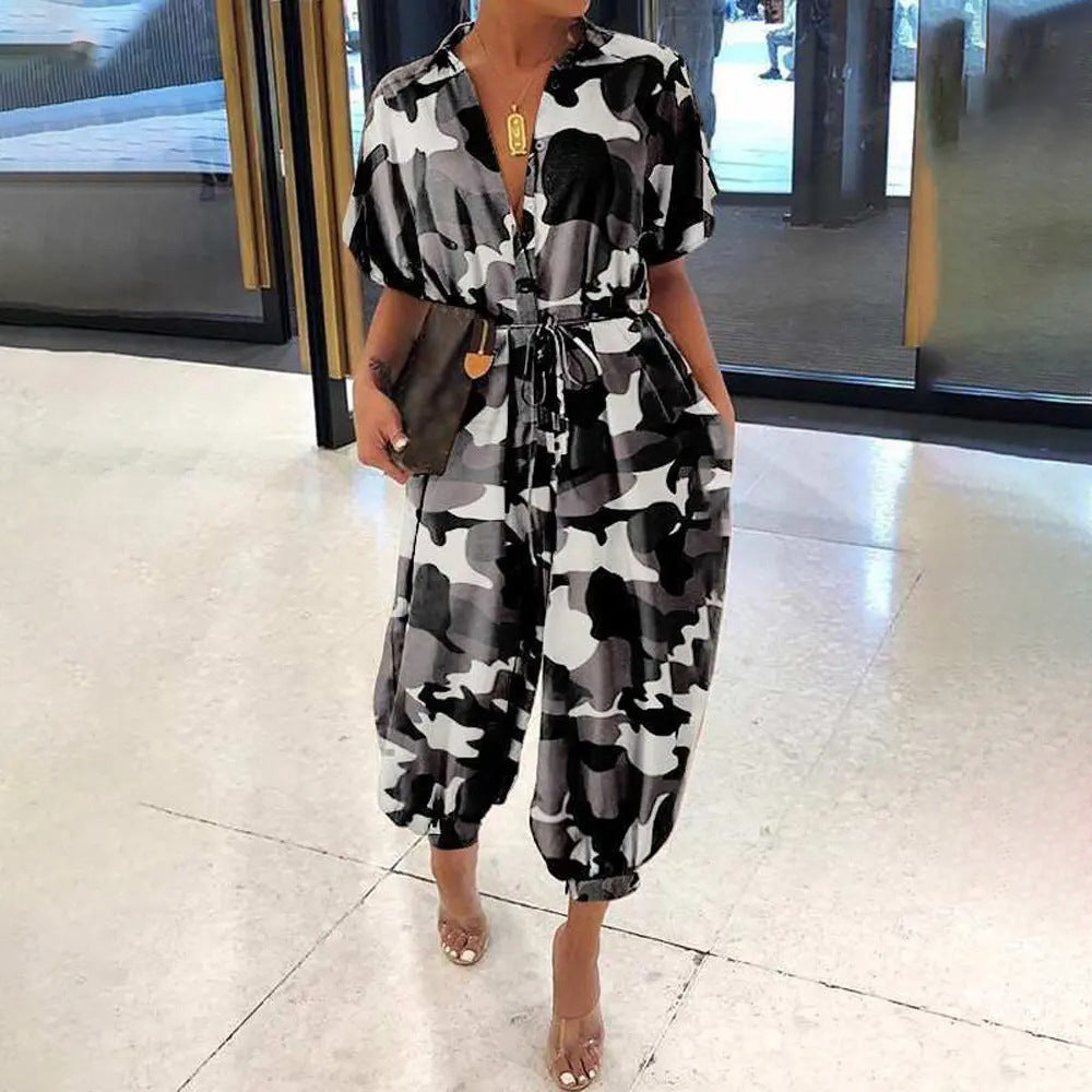Camoflauge Print Button-Up Women's Turn-Down Collar Short Sleeve Harem Pants Jumpsuit