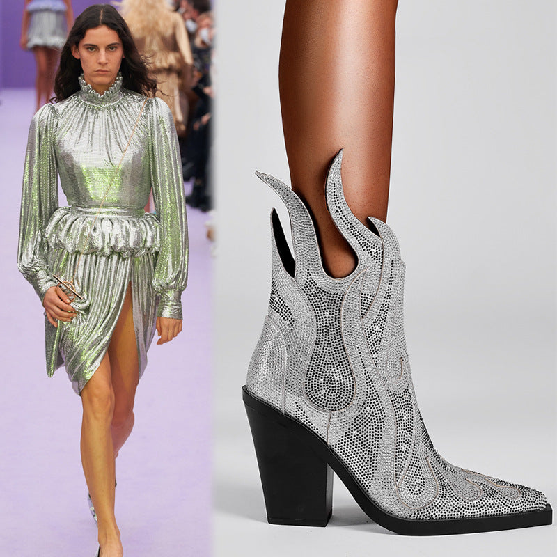 Flame Rhinestone Design Women's Low Square Toe Chunky Heel Martin Ankle Boots