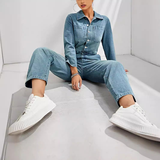 Denim Blue Washed Button-Up Women's Skinny Long Sleeve Turn-Down Collar Overall Jean Jumpsuit