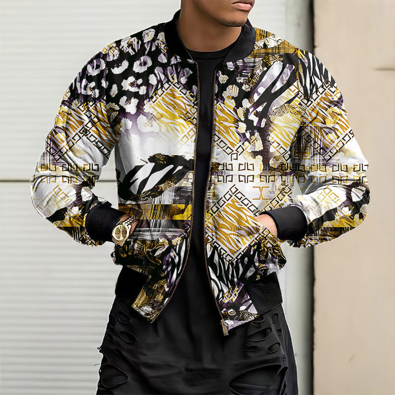 Geometric/Floral Baroque Fleece Lined O-Neck Waterproof Zipper Bomber Jacket