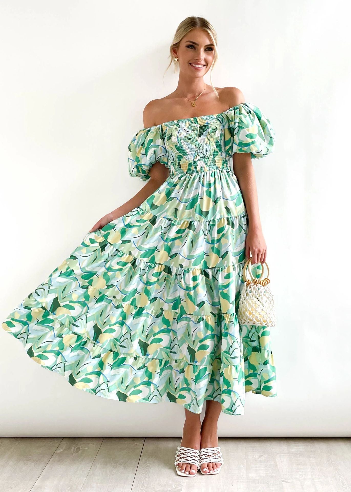 Flower Print Tiered Short Bubble Sleeve High Waist Off-the-Shoulder Bohemian Maxi Dress