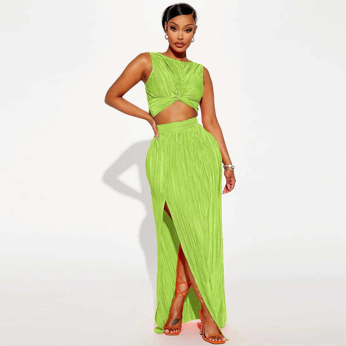 Sleeveless Ribbed Ruched Criss-Cross Hem Crop Top + High Slit Maxi Skirt Women's Solid Color 2-Piece Set