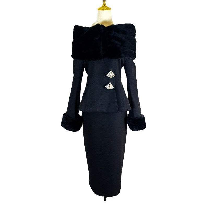 Designer Black Oversized Faux Fur Collar Long Sleeve Off-the-Shoulder Formal Suit Dress