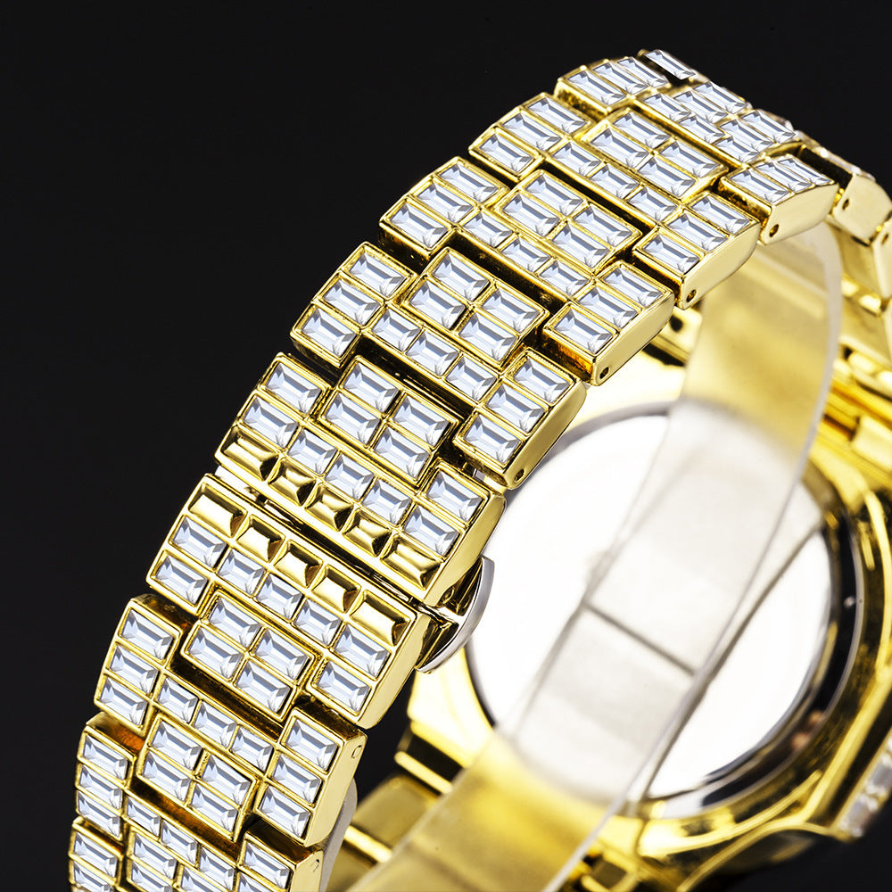 Men's Sparkling Iced Out Square Hot Drill Diamond Gold/Silver High Grade Waterproof Calendar Watch