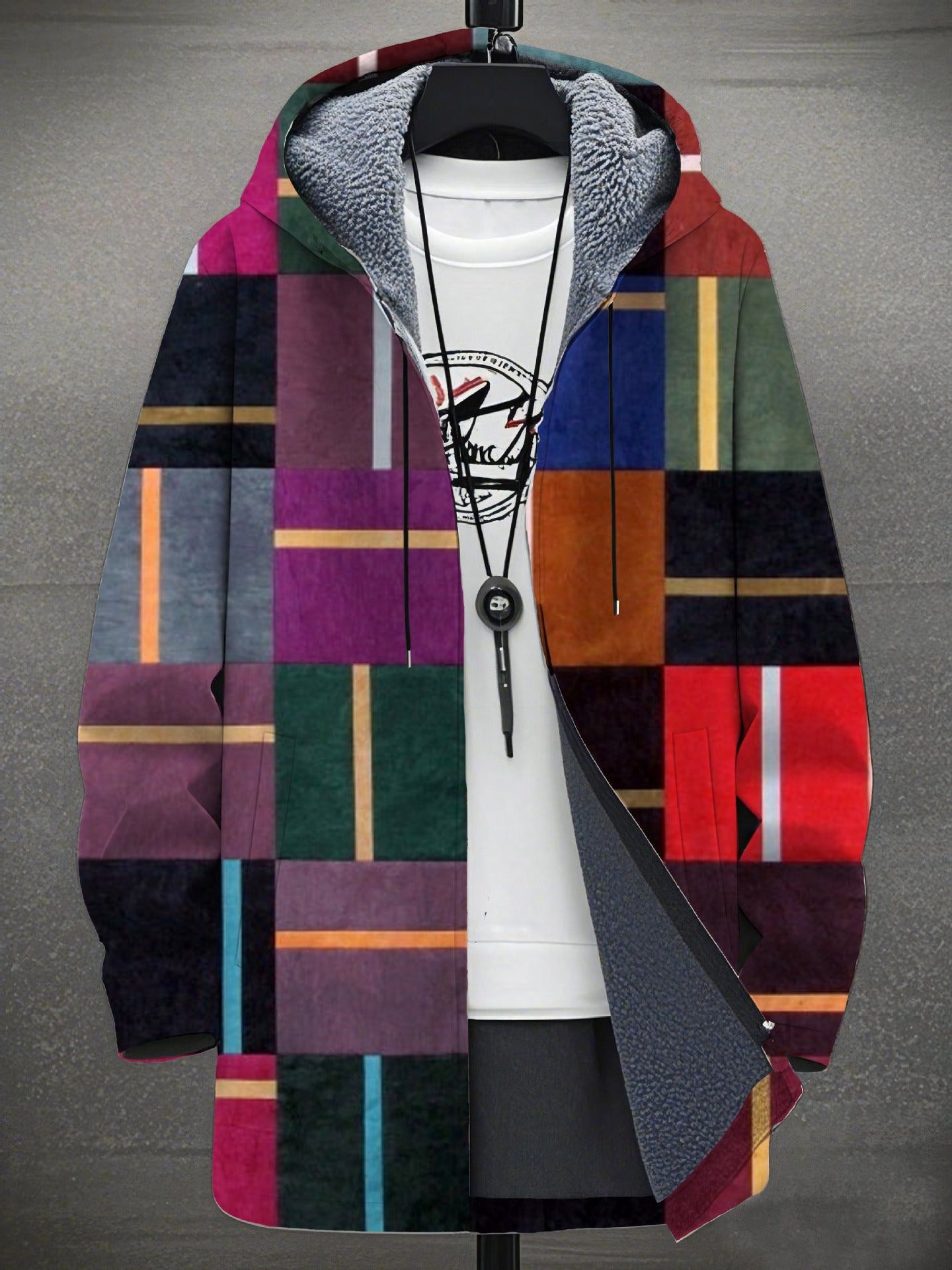 Men's Colorblock/Plaid/Camo/Abstract/Bohemian  Digital Print Velvet 3/4 Length Hip-Hop Hoodie Jacket to 4X Big & Tall
