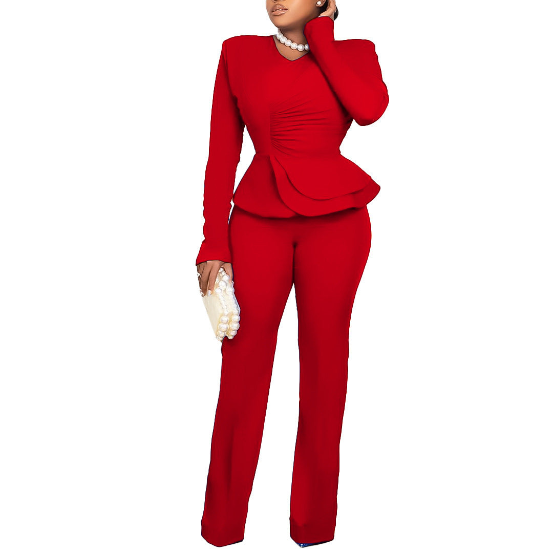 Fashion OL Ruffled V-neck Top Pants European And American Two-piece Set