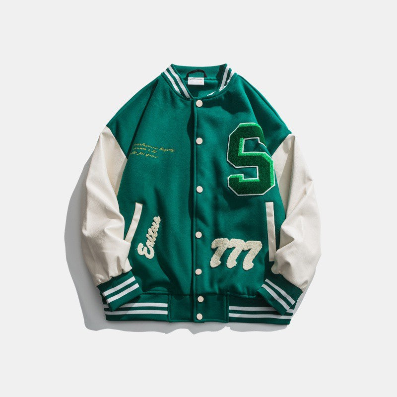 Men's Colorblock Letterman's Button-Up Baseball Varsity Bomber Jacket