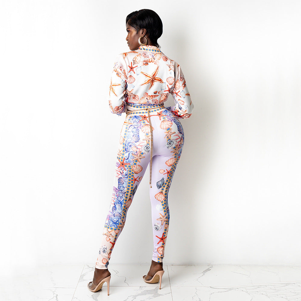 Tropical Starfish Baroque Chain Print Turn-Down Collar Long Sleeve Lace-Up Blouse+ Skin Tight Leggings Women's 2-Piece Set