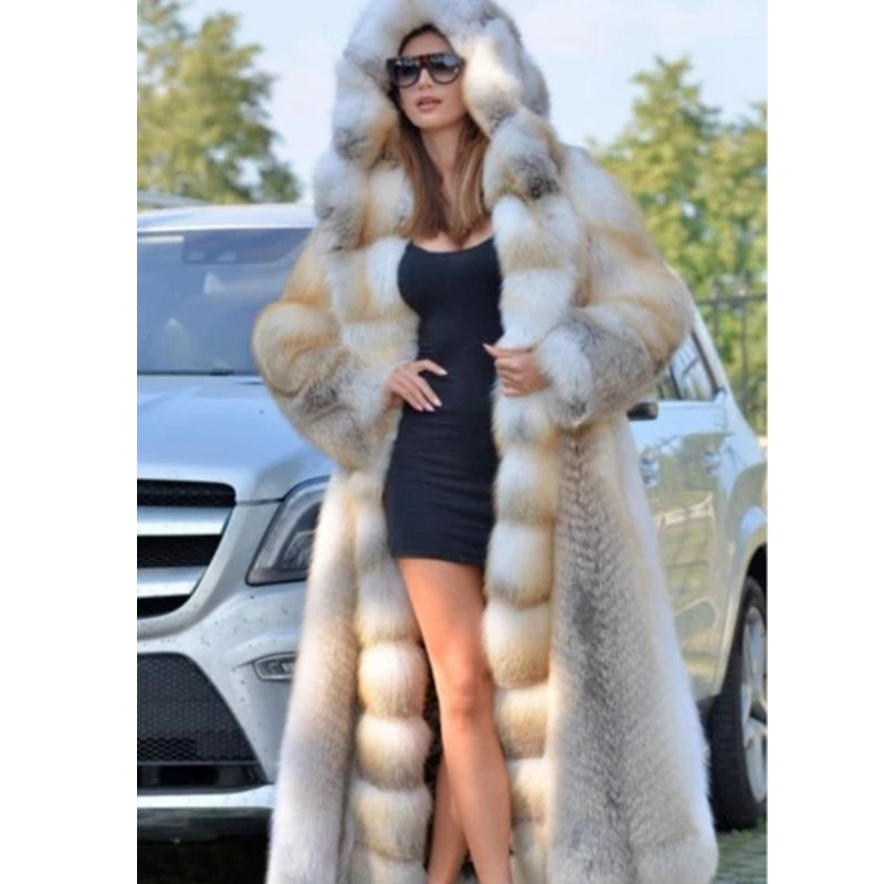 White/Gold Faux Fur Colorblock Women's Oversized Hooded Trenchcoat