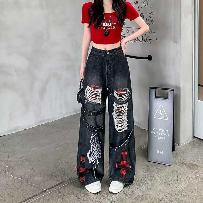 Vintage Ripped Plaid Patchwork Washed Distressed Women's Baggy Hip-Hop Streetwear Jeans