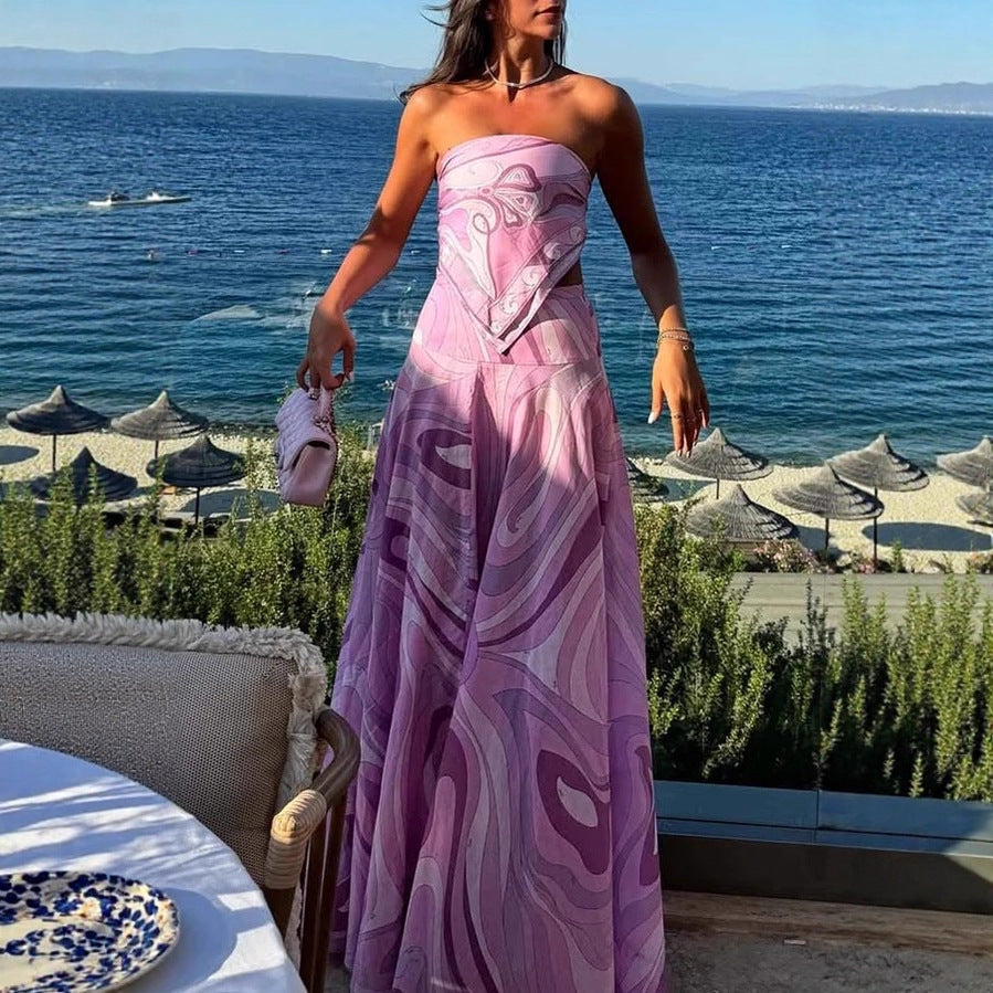 Lavender Purple Geometric Print Women's Tube Top + Oversized Flared Maxi Skirt 2-Piece Set