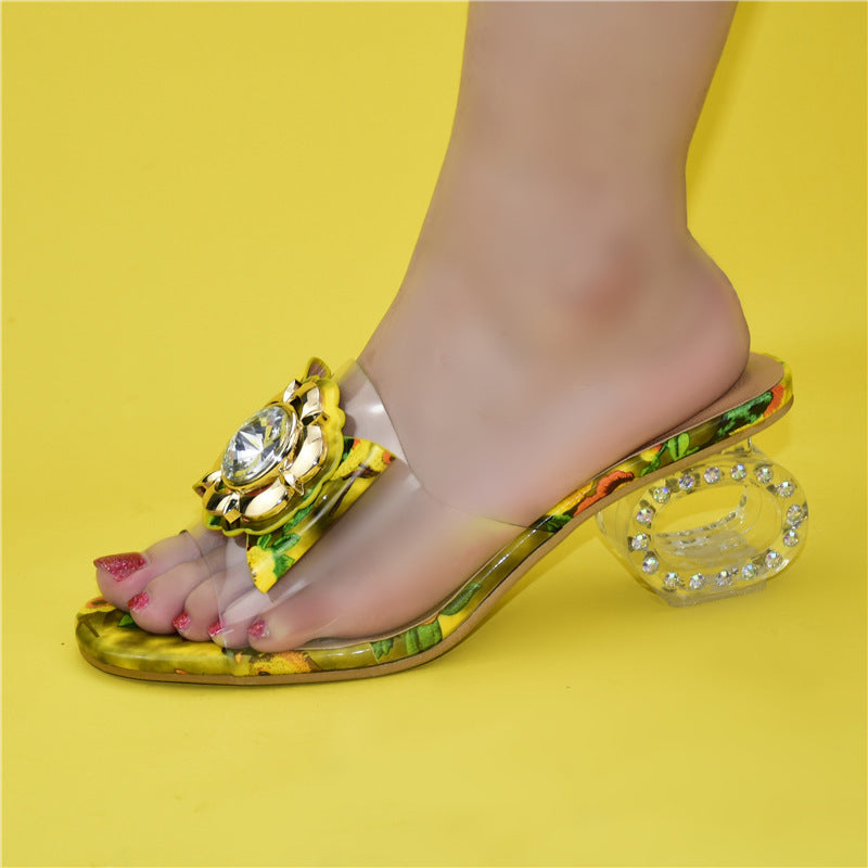 PVC Clear Transparent Rhinestone Gold Pendant Detail Women's High Heels Slipper Sandals