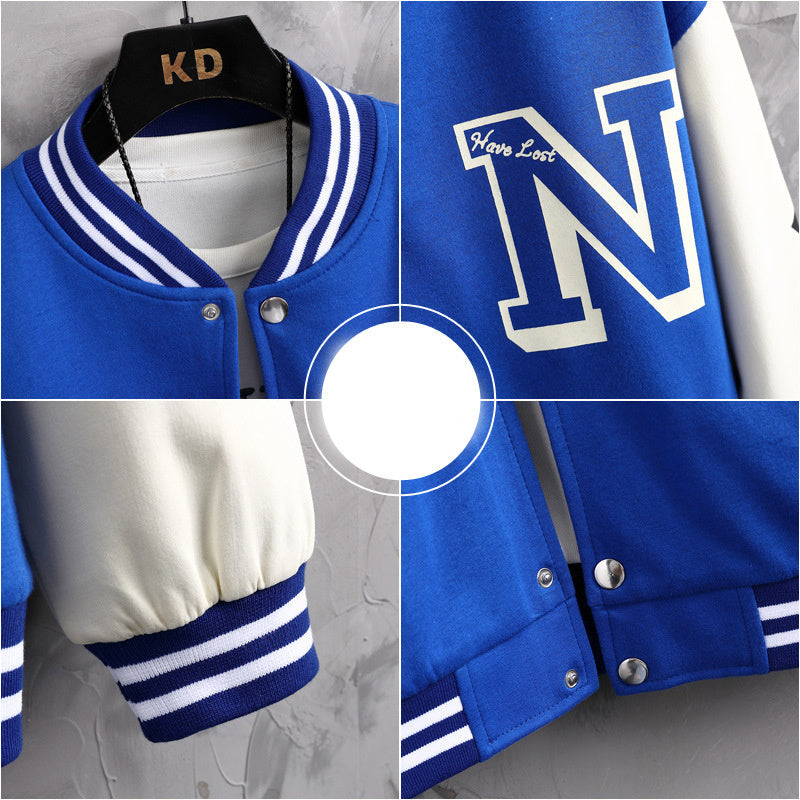 Men's Colorblock Letter Print Loose Button-Up O-Neck Hip-Hop Baseball Varsity Bomber Letterman's Jacket