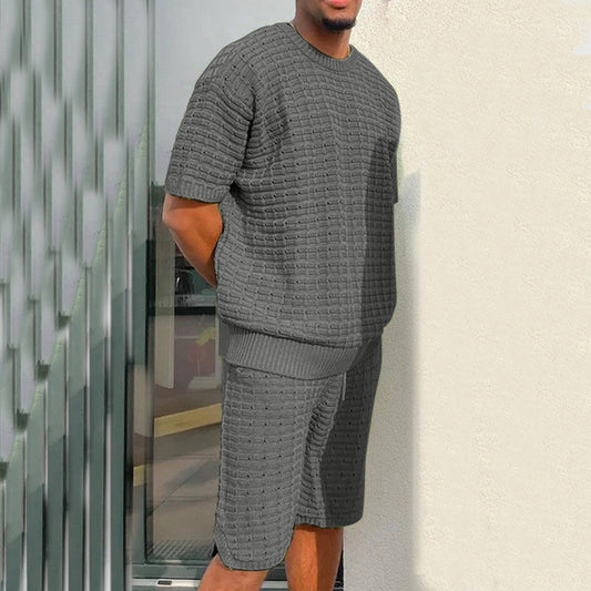 Men's Knitted Waffle Pattern Solid Color O-Neck T-Shirt w/ Shorts 2-Piece Set