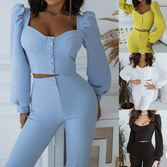 Puff Long Sleeve Button-Up Women's Blouse + Bell-Bottom Pants 2-Piece Set