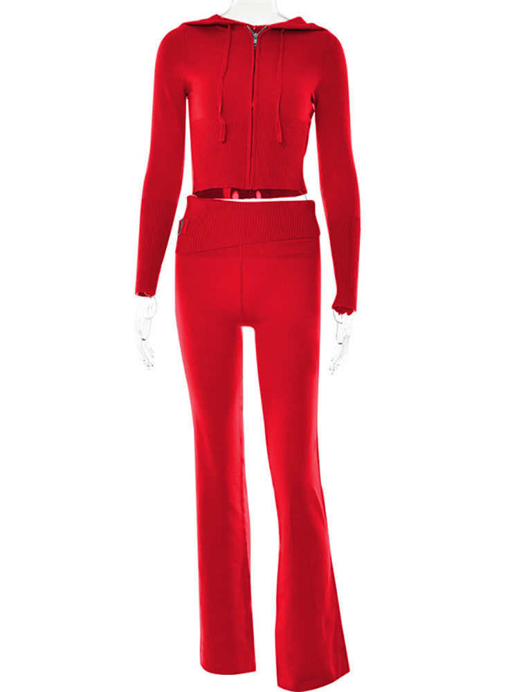 Solid Knitted Long Sleeve Zipper Sweater Jacket + High Waist Knitted Pants 2-Piece Sweater Tracksuit