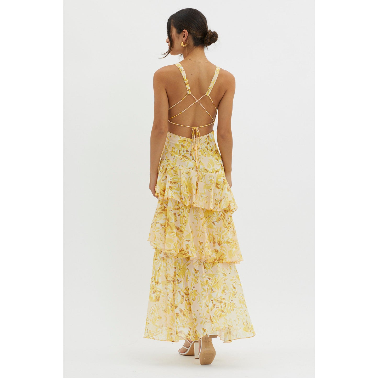 Tiered Sleeveless Floral Print Backless Multi-Layer V-Neck Maxi Dress