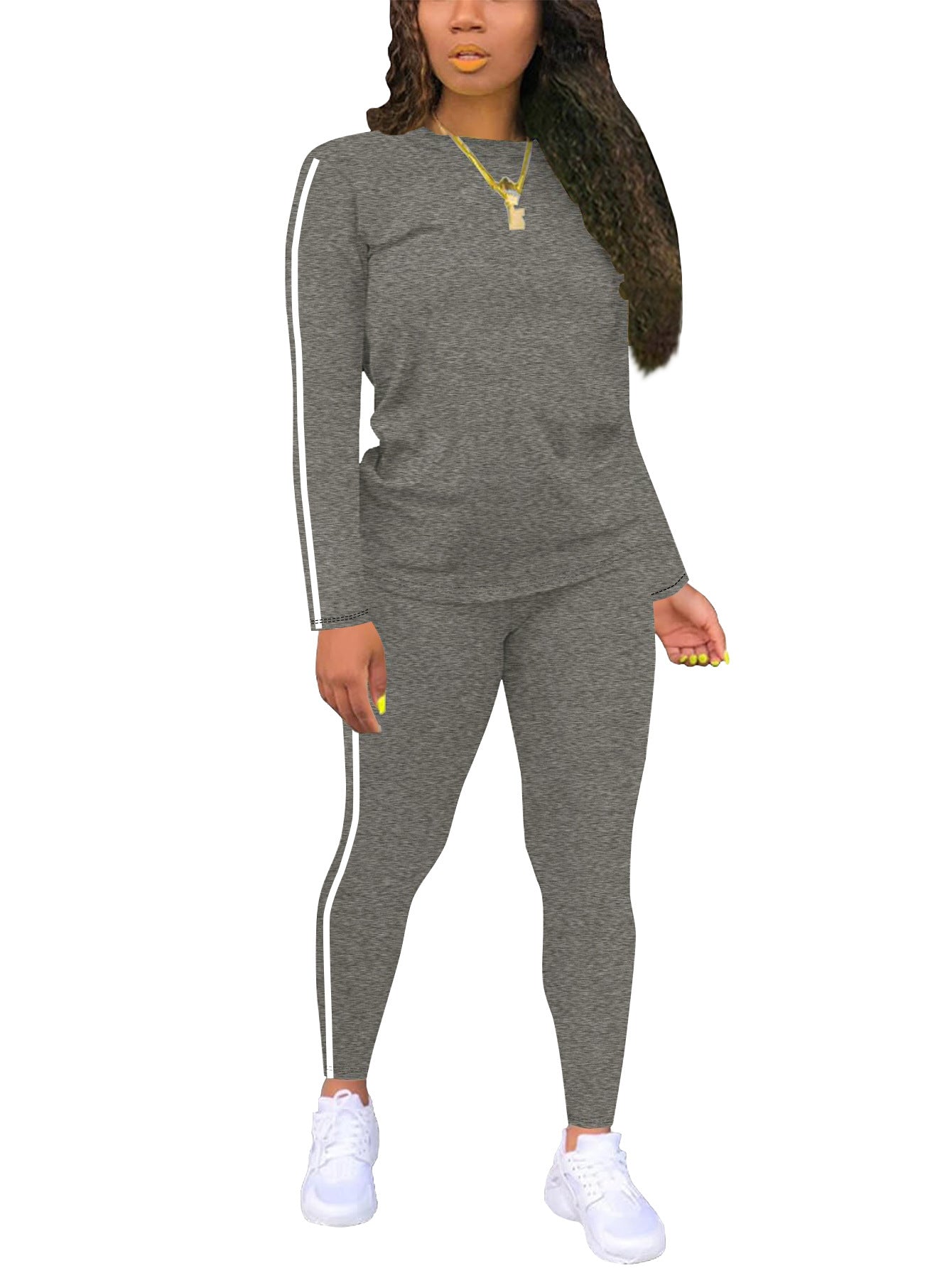 Side Striped Fitness O-Neck Women's Long Sleeve Top + Skinny Sweatpants 2-Piece Set