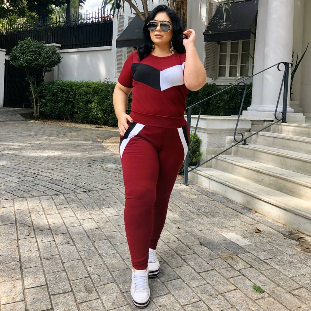 Plus Size Patchwork Short-sleeved T-shirt Trousers Suit