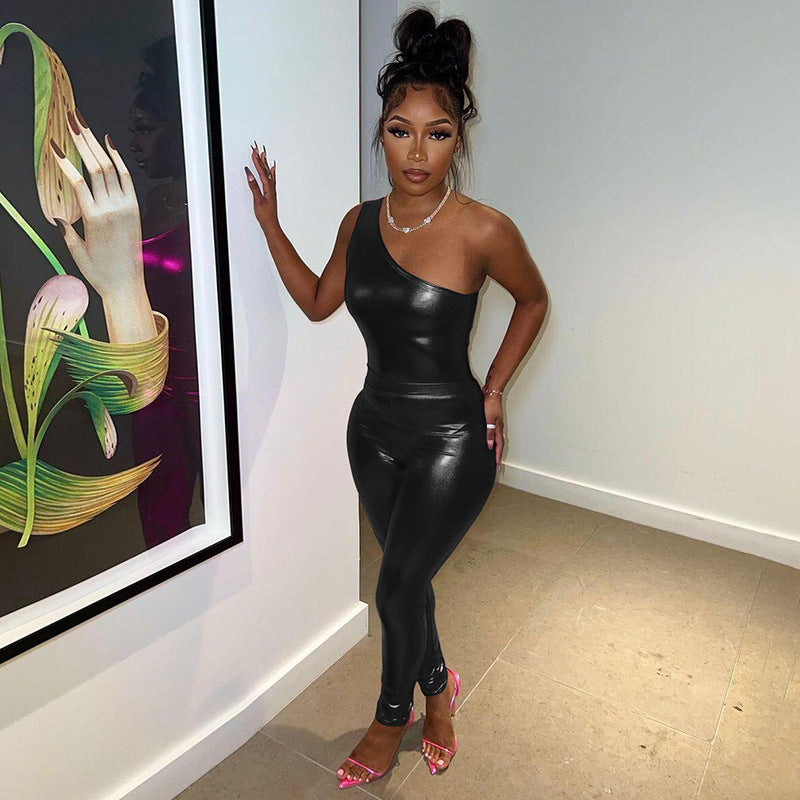 Faux Leather One Shoulder Asymmetrical High Waist Women's Skinny Pants Jumpsuit