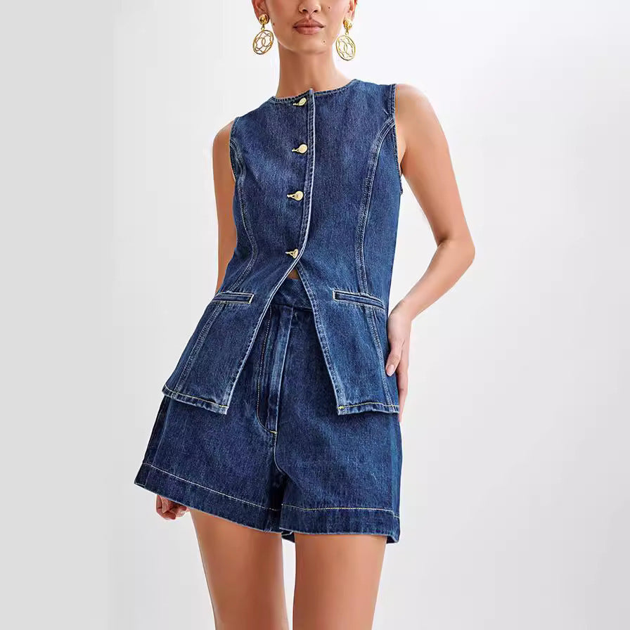 Dark Blue Denim Women's Sleeveless Button-Up Vest Jean Top + Jean Shorts 2-Piece Set
