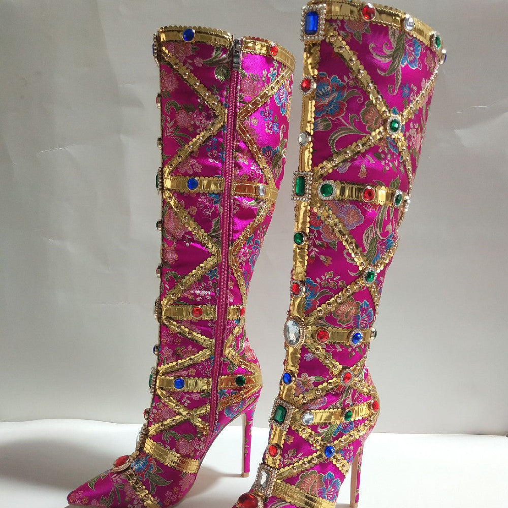 Rhinestone Metallic Floral Black-Gold/Hot Pink Stiletto Heel Knee-High Women's Gladiator Boots