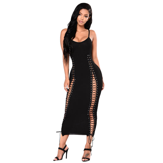 Sleeveless Hollow-Out V-Neck Lace-Up Spaghetti Strap Skinny Maxi Dress