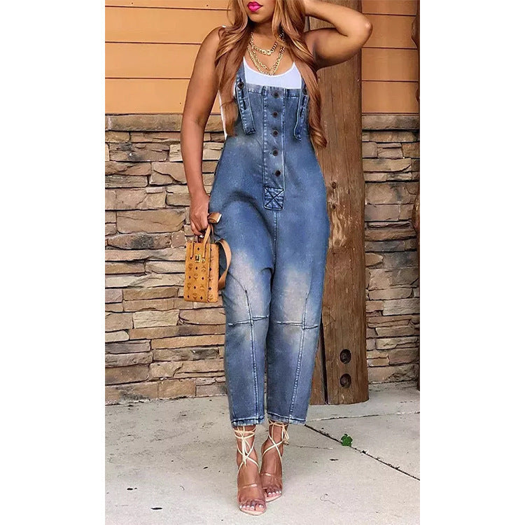 Denim Faded Colorblock Women's Button Front Overalls Jean Jumpsuit to 3X Plus Size