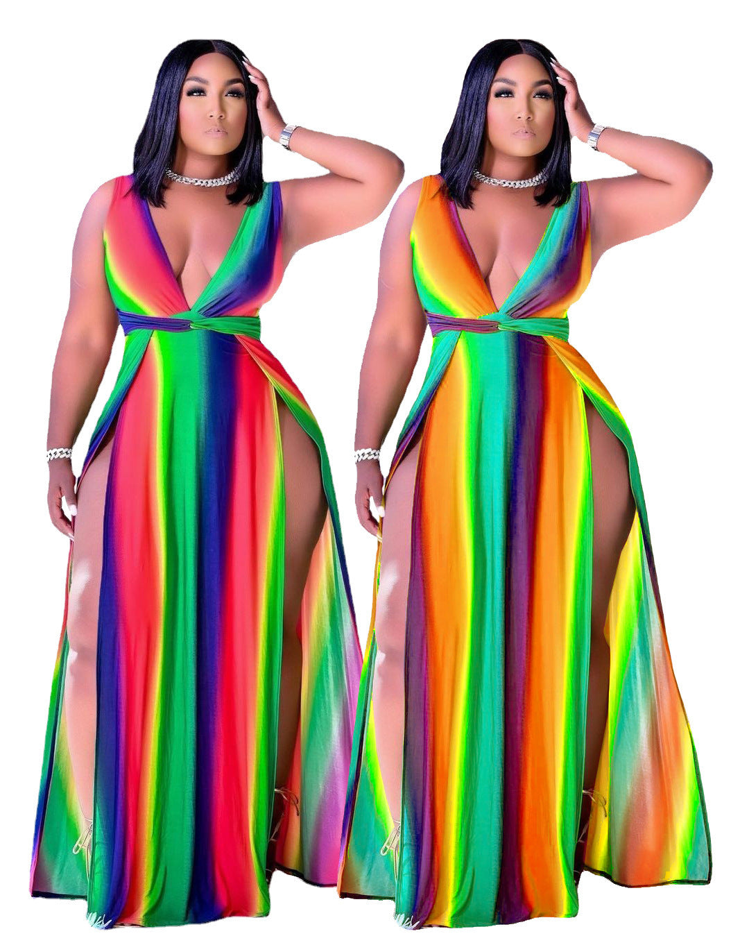 Rainbow Striped Multicolor Big Swing V-Neck Sleeveless Spaghetti Strap Double High Side Slit Maxi Sundress to 5X Plus Size