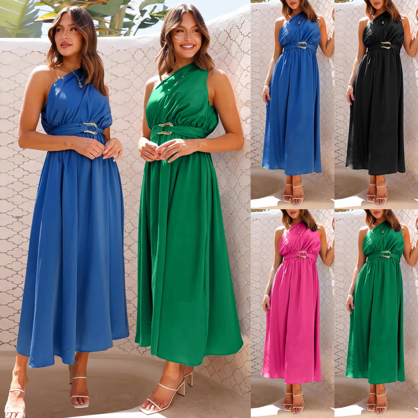 Asymmetrical One Shoulder Shoulder Solid Color Dress w/ Belt